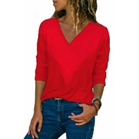 Black Long Sleeve V Neck Casual Top Red Purple Yellow